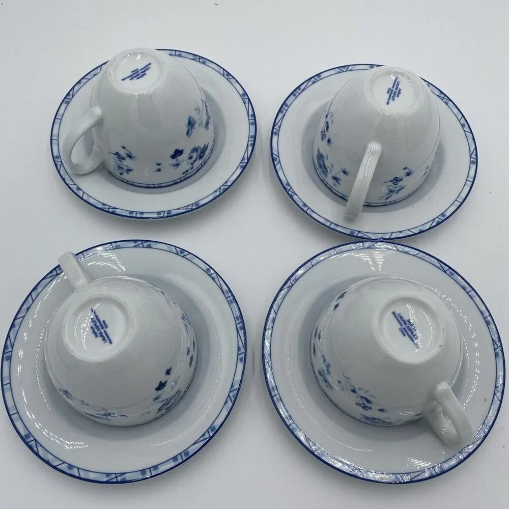 Laura Ahsley Cup Suacer Cereamic Set 4 Dishes Blue White Floral Cottage